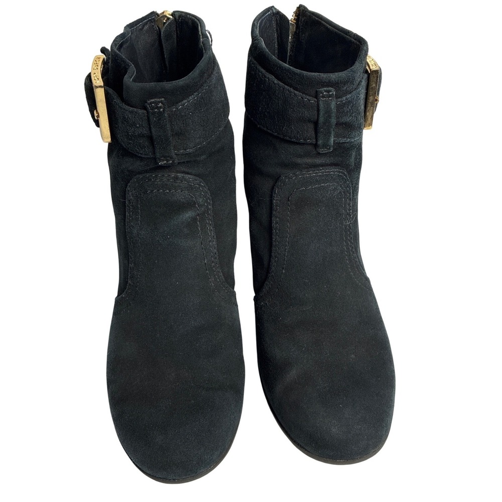 Tory Burch Black Suede Wedge Ankle Boots Gold Buckle Rear Zip Womens 8M